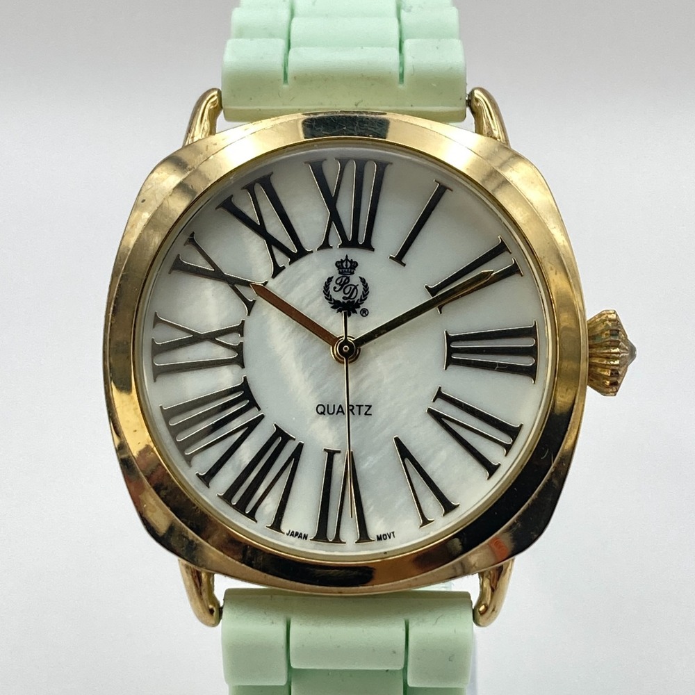 Premier Designs Womens Watch 38mm Gold Tone MOP Mint Green Silicone New Battery